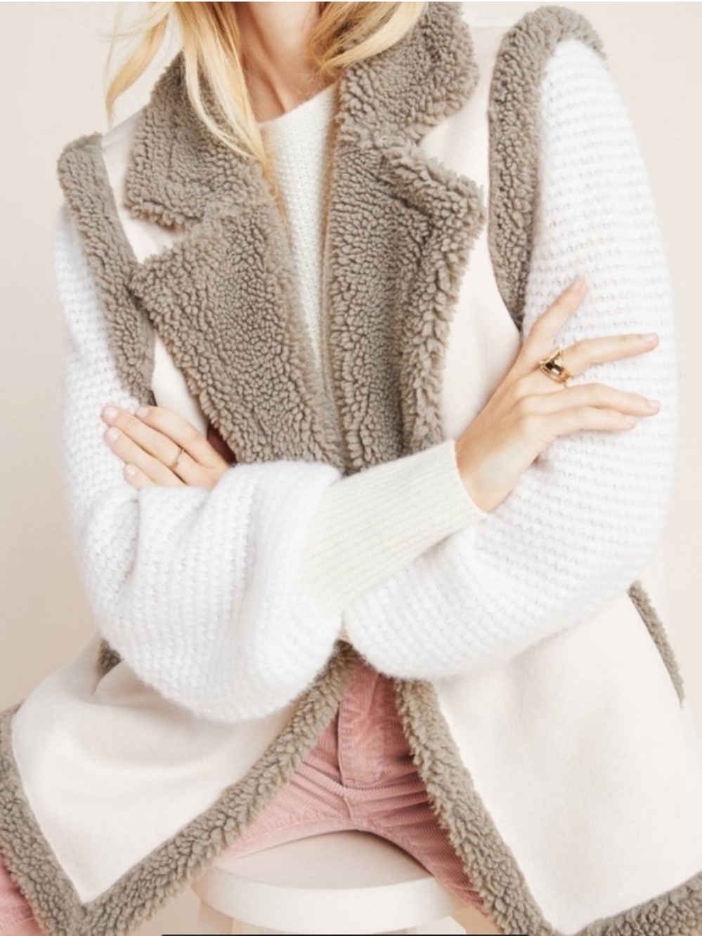 Akemi + Kin Anthropologie Phoebe Shearling Vest Coat Cream and Gray